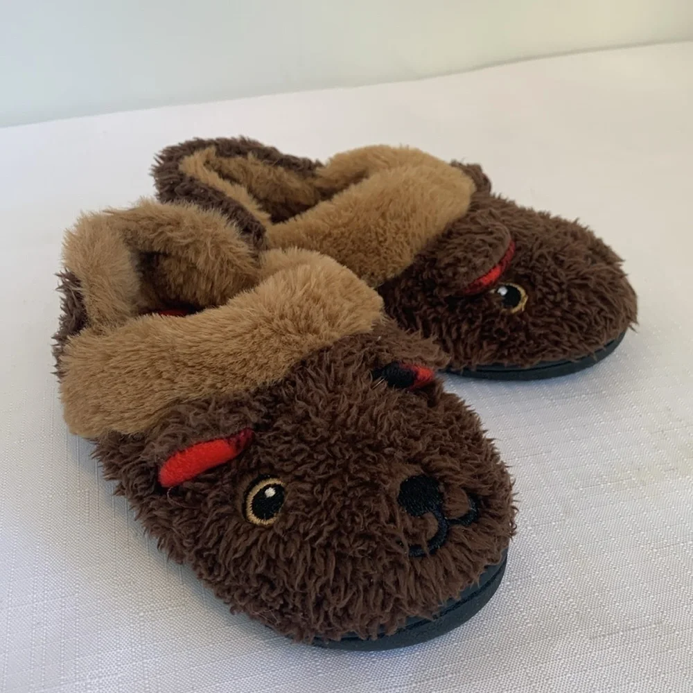 Wonder Nation Kids Boys Girls Size 9/10 Fleece Brown Teddy Bear Warm Slippers